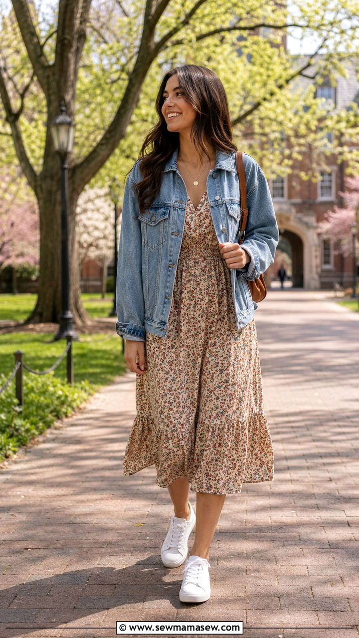 Denim Jacket with Floral Midi Dress and White Sneakers - 20 August back to school outfit ideas