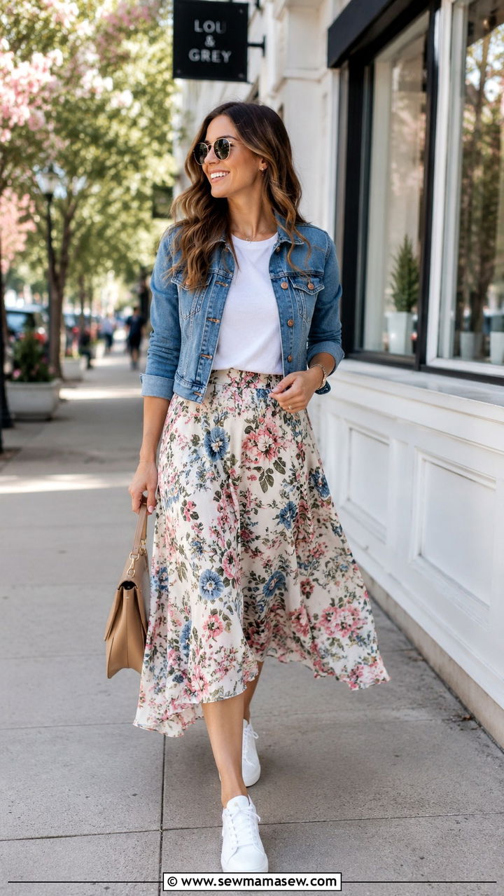 Denim Jacket with Floral Midi Skirt - 20 Spring outfits for rectangle body