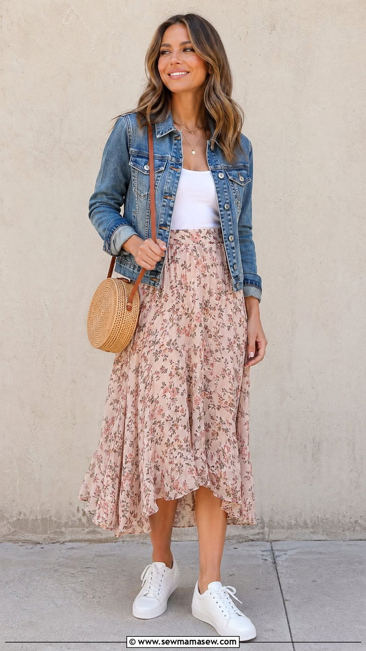 Denim Jacket with Floral Midi Skirt Outfit - 35 Elegant spring outfits
