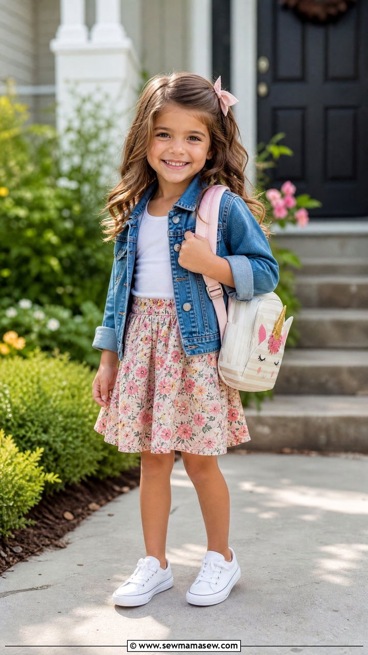 Denim Jacket with Floral Skirt - 25 First day of kindergarten outfit ideas