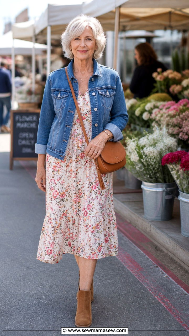 Denim Jacket with Floral Tea Dress and Ankle Boots - 20 65 year old woman outfit ideas