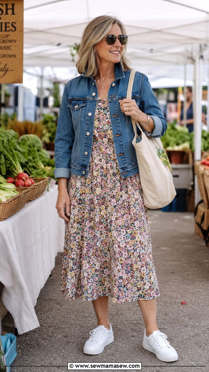 Denim Jacket with Flowy Floral Dress and Sneakers - 25 Weekend outfit ideas for women over 50