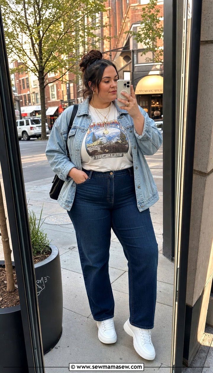 Denim Jacket with Graphic Tee and Jeans Plus Size - 25 Denim jacket outfit ideas plus size