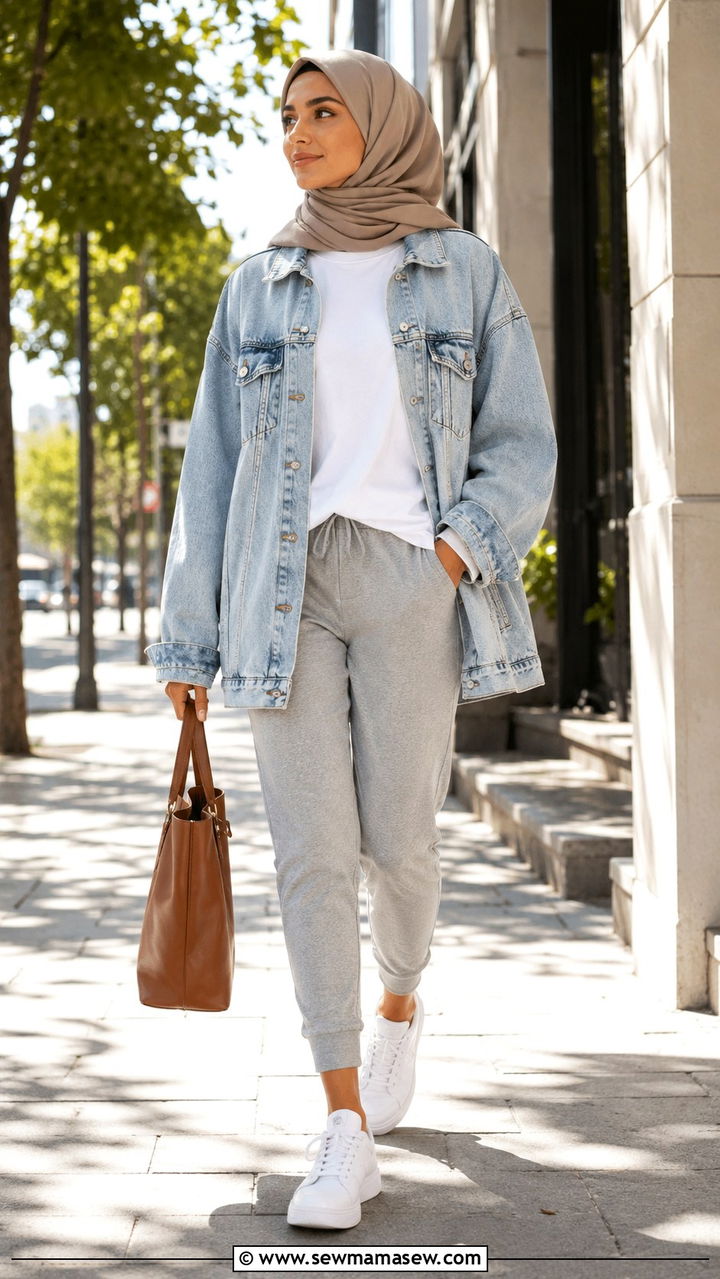Denim Jacket with Joggers and Sneakers - 30 Modest outfit ideas for gym