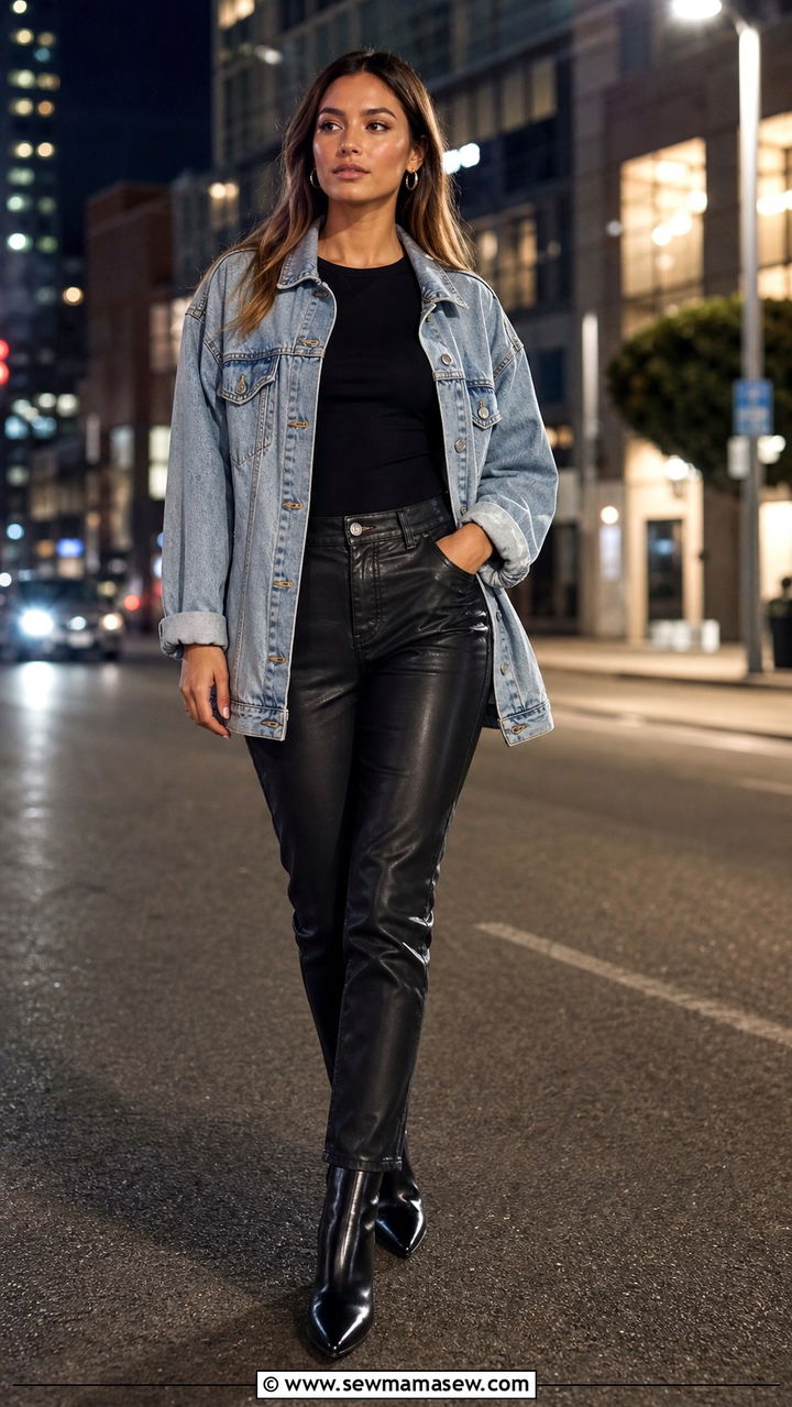 Denim Jacket with Leather Pants - 40 casual denim jacket outfits