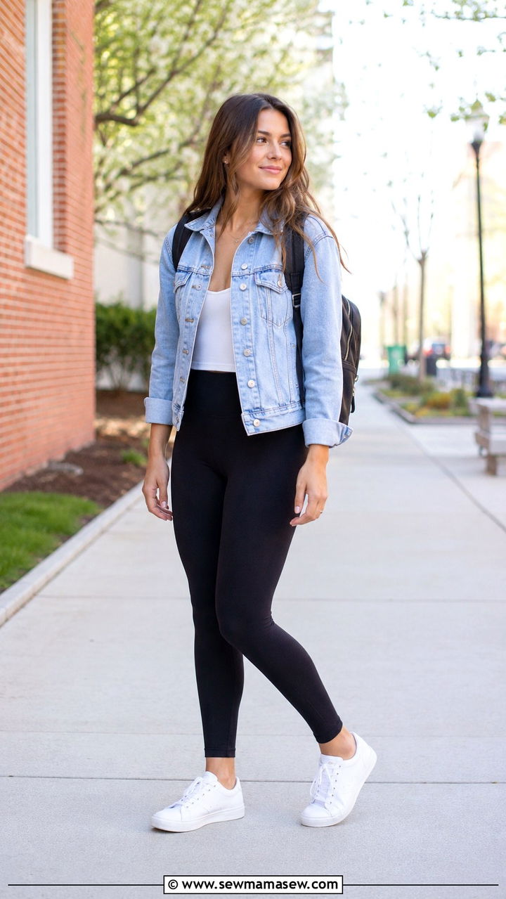 Denim Jacket with Leggings - 30 School outfit ideas with leggings