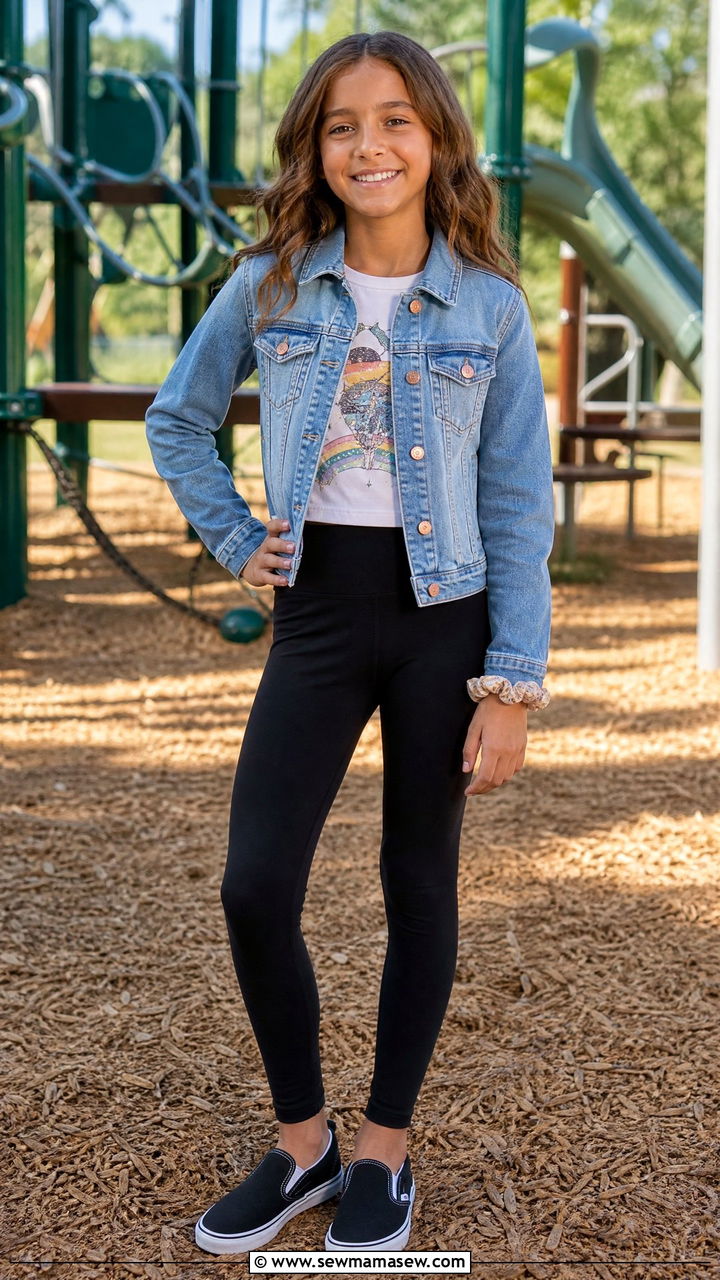 Denim Jacket with Leggings and Graphic Tee - 25 Tween outfit ideas for 10 year olds