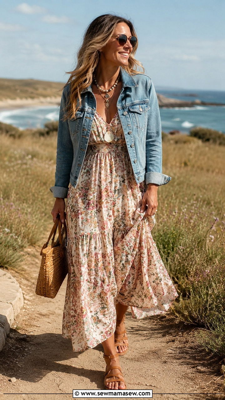 Denim Jacket with Maxi Dress and Flat Sandals - 30 spring capsule wardrobe outfit ideas