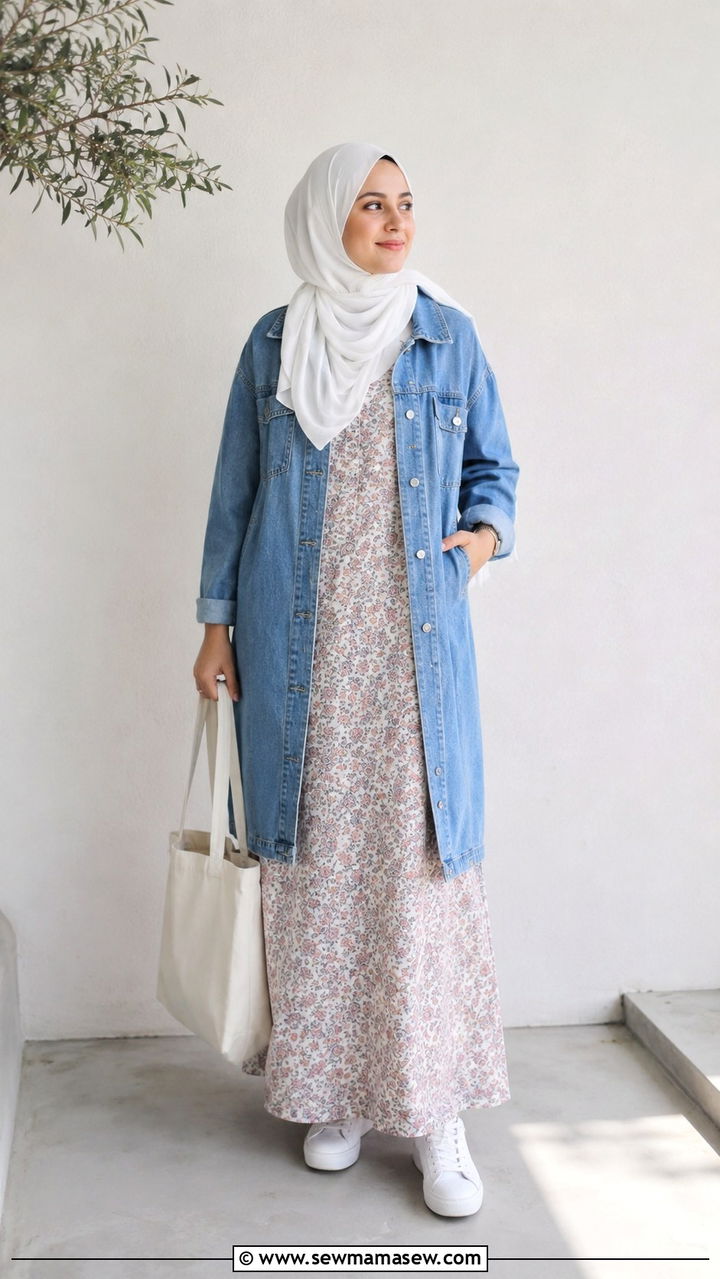 Denim Jacket with Maxi Dress and Sneakers - 25 work outfits for hijab women