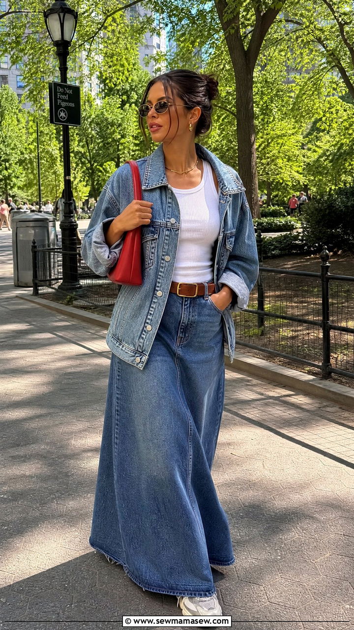 Denim Jacket with Maxi Skirt - 30 streetwear outfit ideas for women