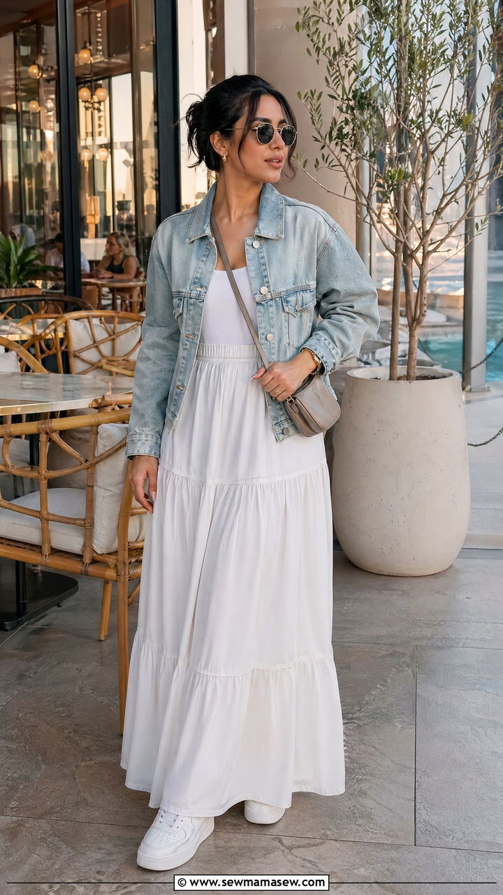 Denim Jacket with Maxi Skirt and Sneakers Dubai - 35 Dubai outfit ideas