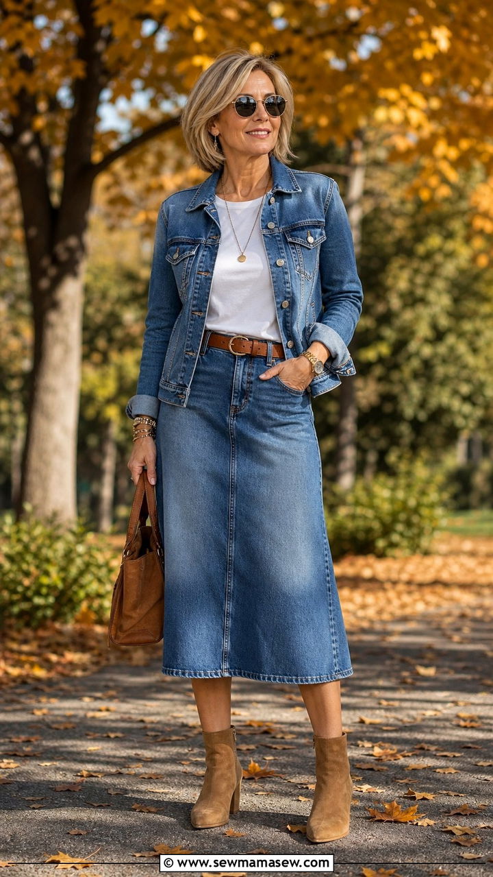Denim Jacket with Midi Denim Skirt - 25 Double denim outfit ideas over 40