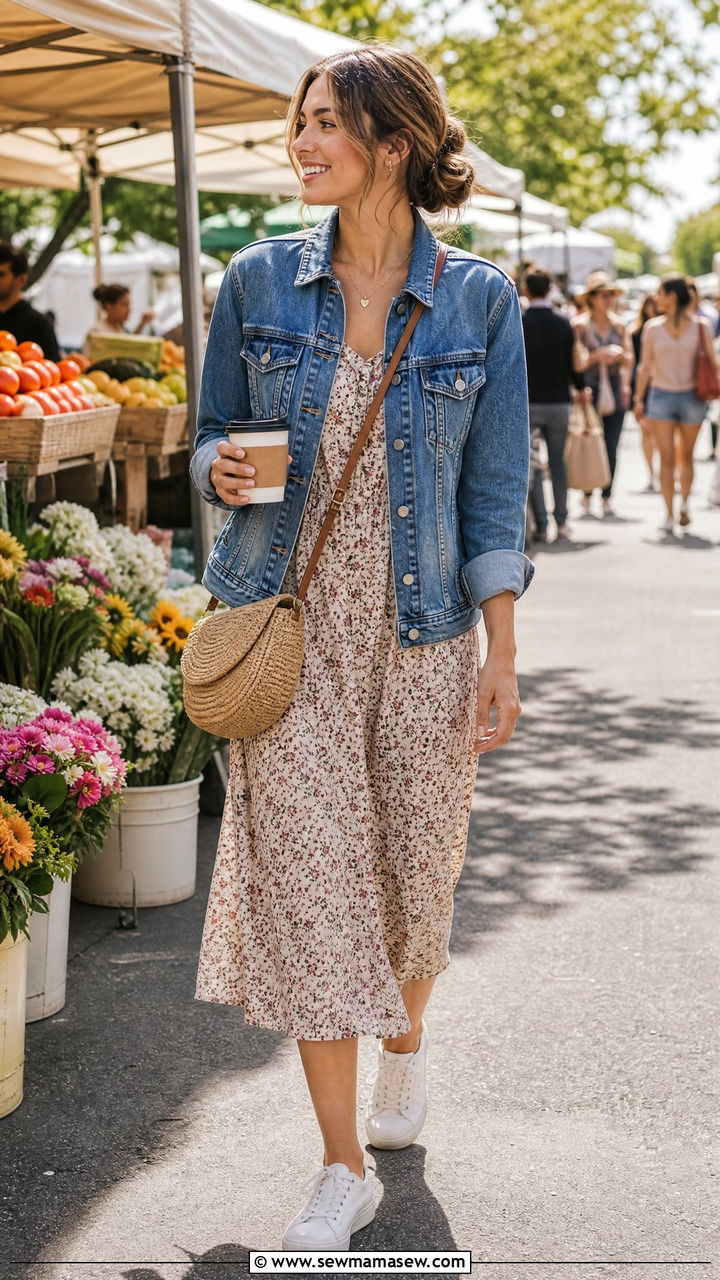 Denim Jacket with Midi Dress Outfit - 30 coffee run outfit ideas