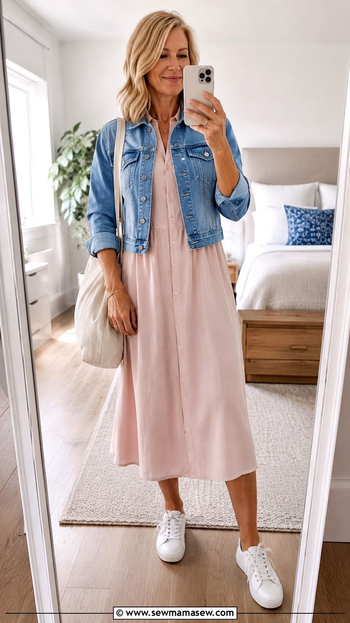 Denim Jacket with Midi Dress and Sneakers - 20 55 year old woman outfit ideas