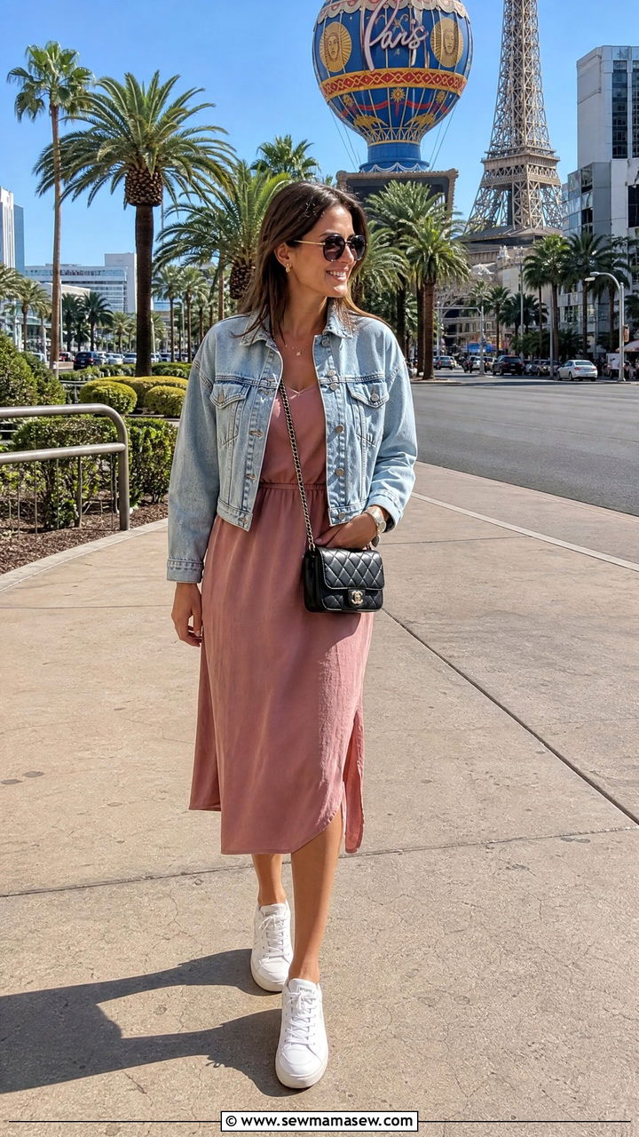 Denim Jacket with Midi Dress and White Sneakers - 40 Las Vegas outfit ideas