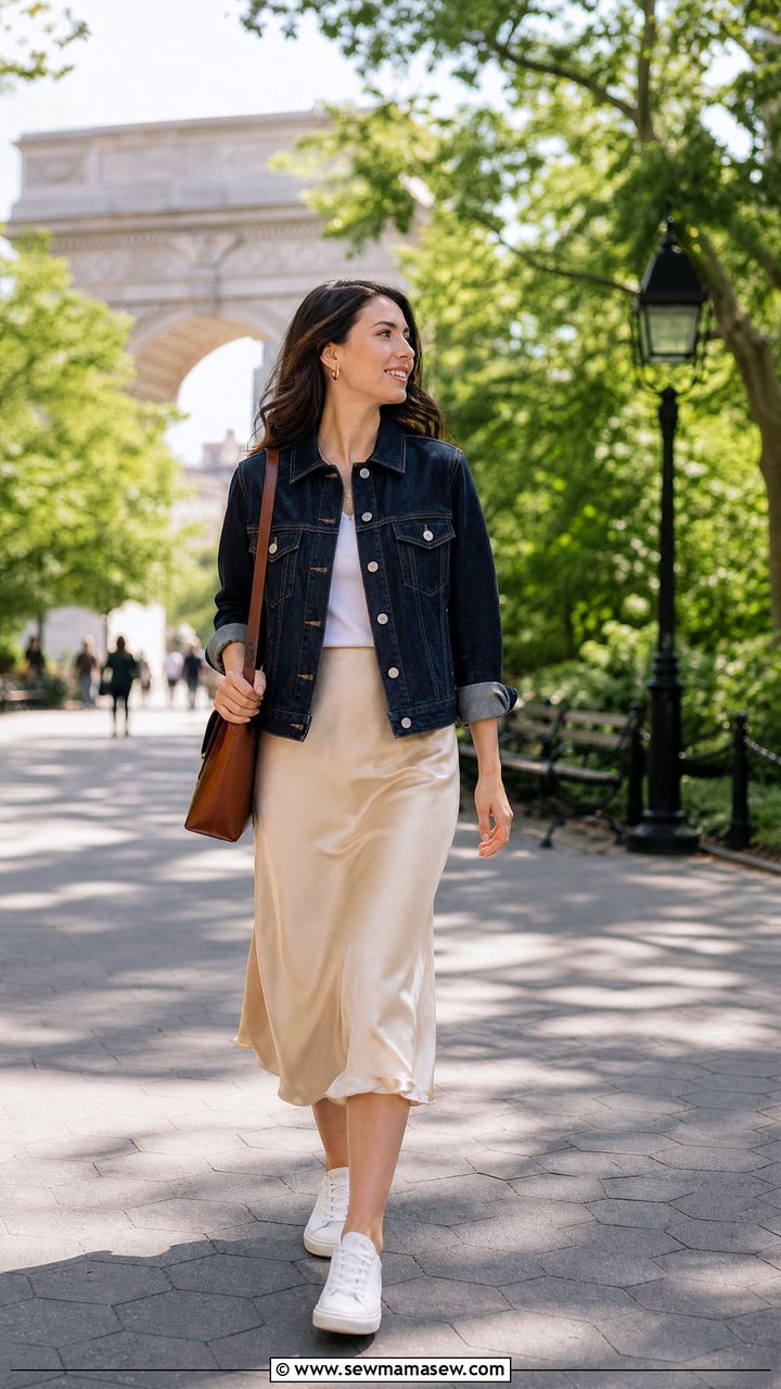 Denim Jacket with Midi Skirt and Sneakers - 25 Business casual outfits with sneakers