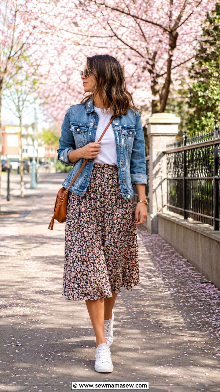 Denim Jacket with Midi Skirt and White Sneakers - 30 Travel outfit ideas for moms