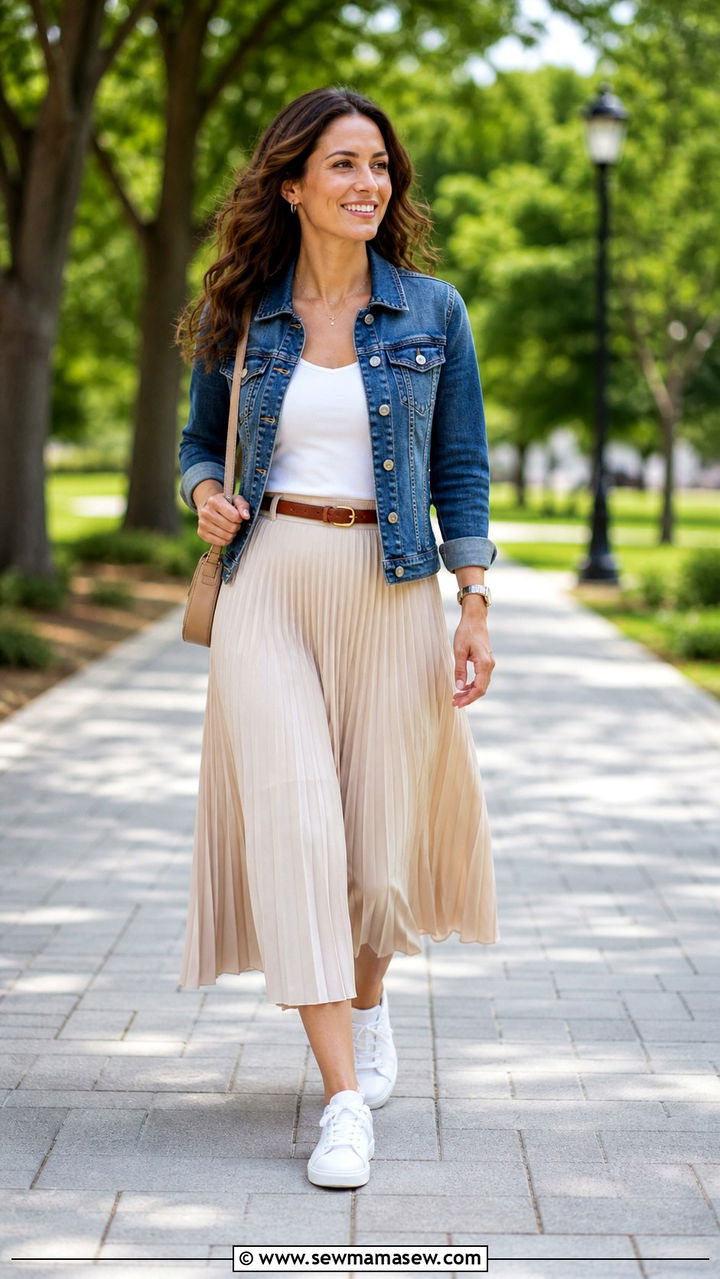 Denim Jacket with Pleated Midi Skirt - 40 casual denim jacket outfits