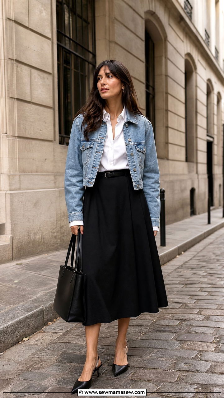 Denim Jacket with Poplin Shirt and Black Midi Skirt - 30 French girl outfit ideas minimalist