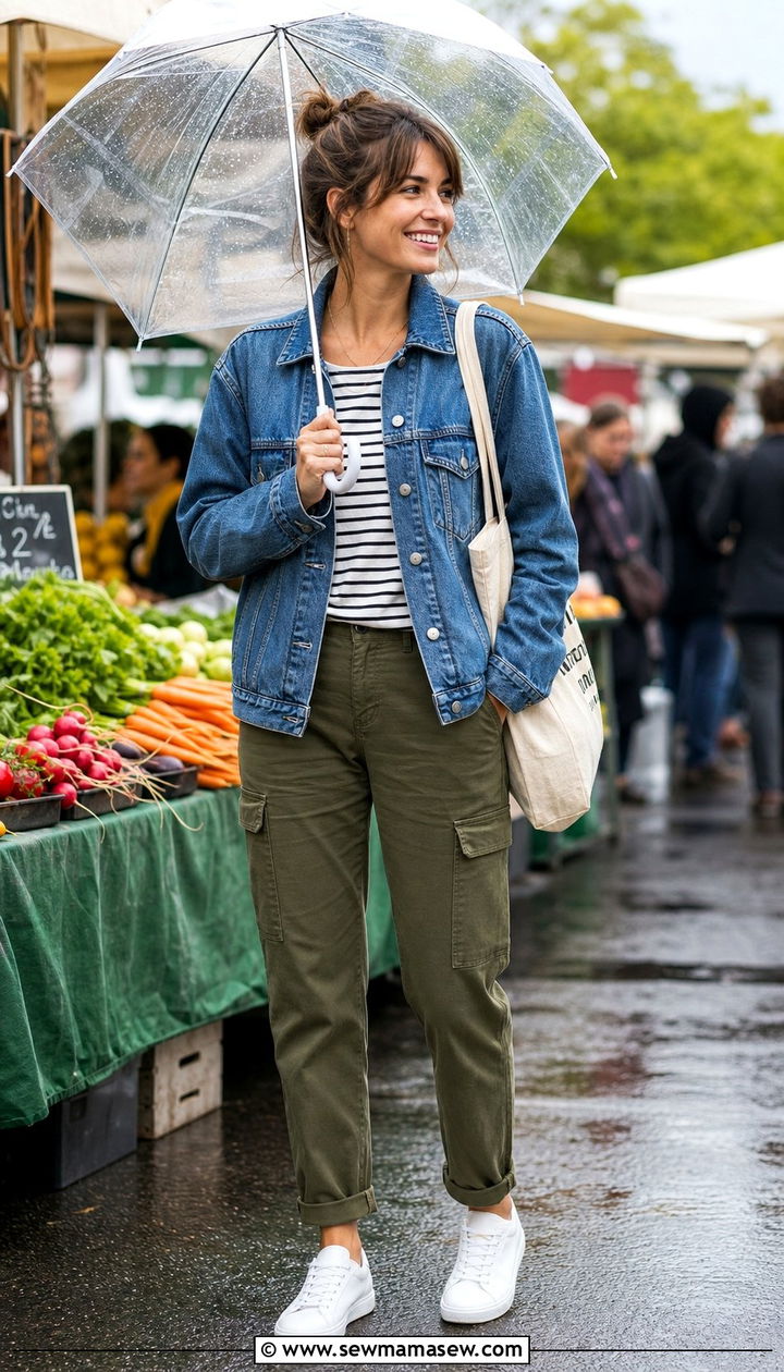 Denim Jacket with Striped Top and Cargo Pants - 25 Drizzle outfit ideas