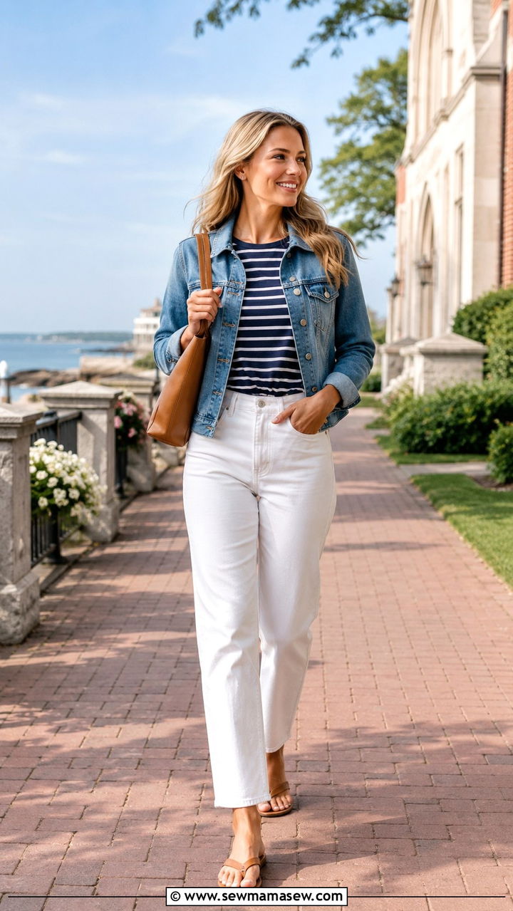 Denim Jacket with Striped Top and White Jeans Outfit - 30 classy back to school outfits