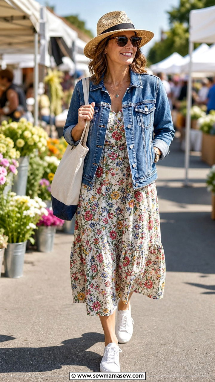 Denim Jacket with Sundress and White Sneakers - 25 comfortable outfit ideas for women over 40
