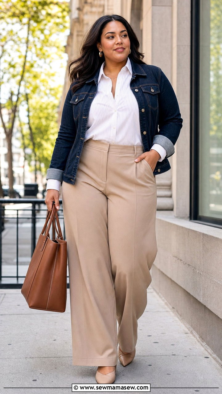 Denim Jacket with Tailored Trousers - 35 Business casual outfits plus size