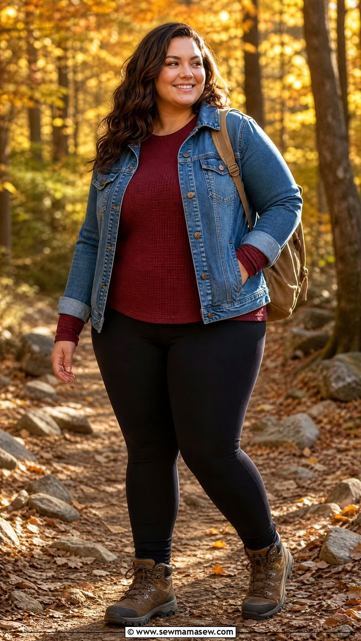 Denim Jacket with Thermal Long Sleeve Tee and Fleece Lined Leggings - 25 Hiking outfit ideas plus size