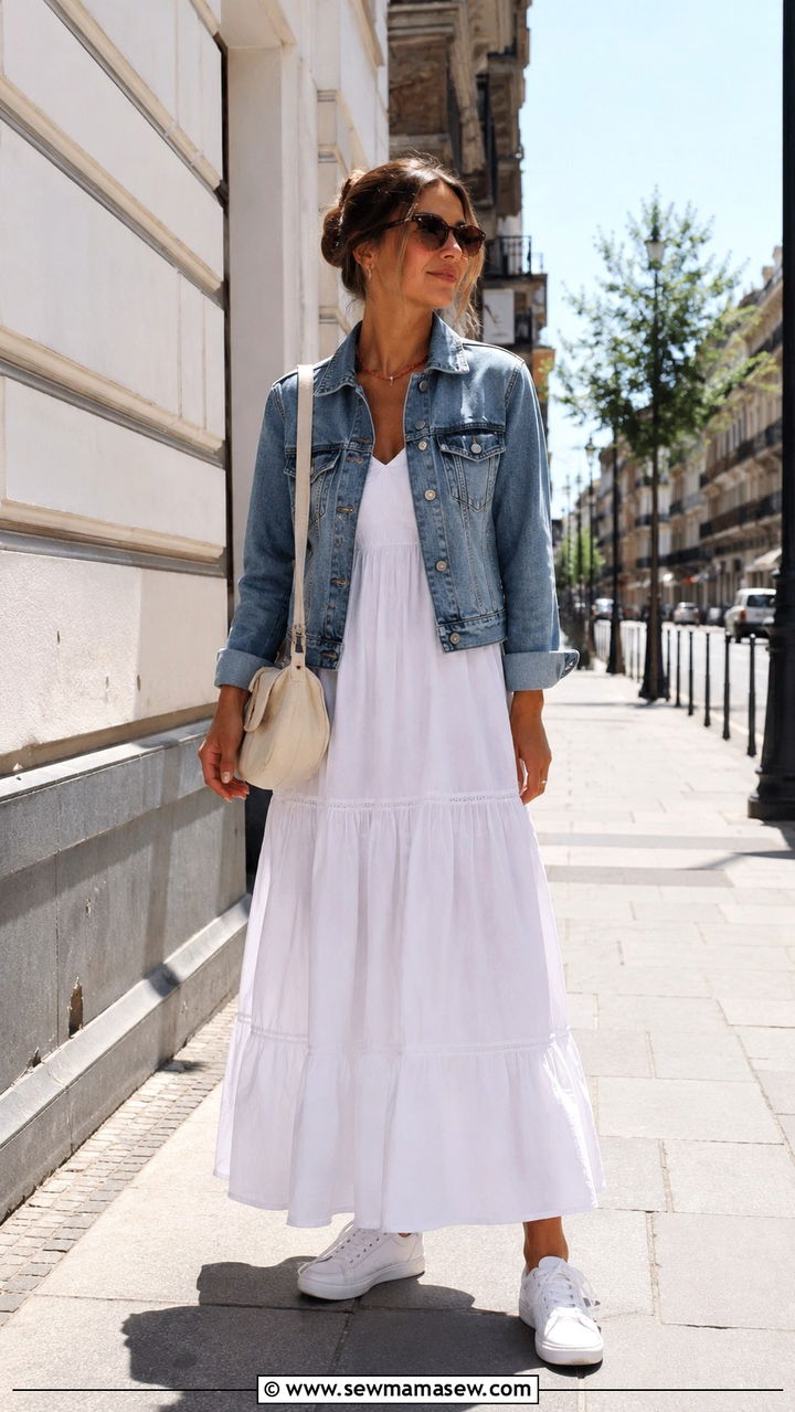 Denim Jacket with Tiered Maxi Dress and White Sneakers - 20 fashion inspo outfits inspo