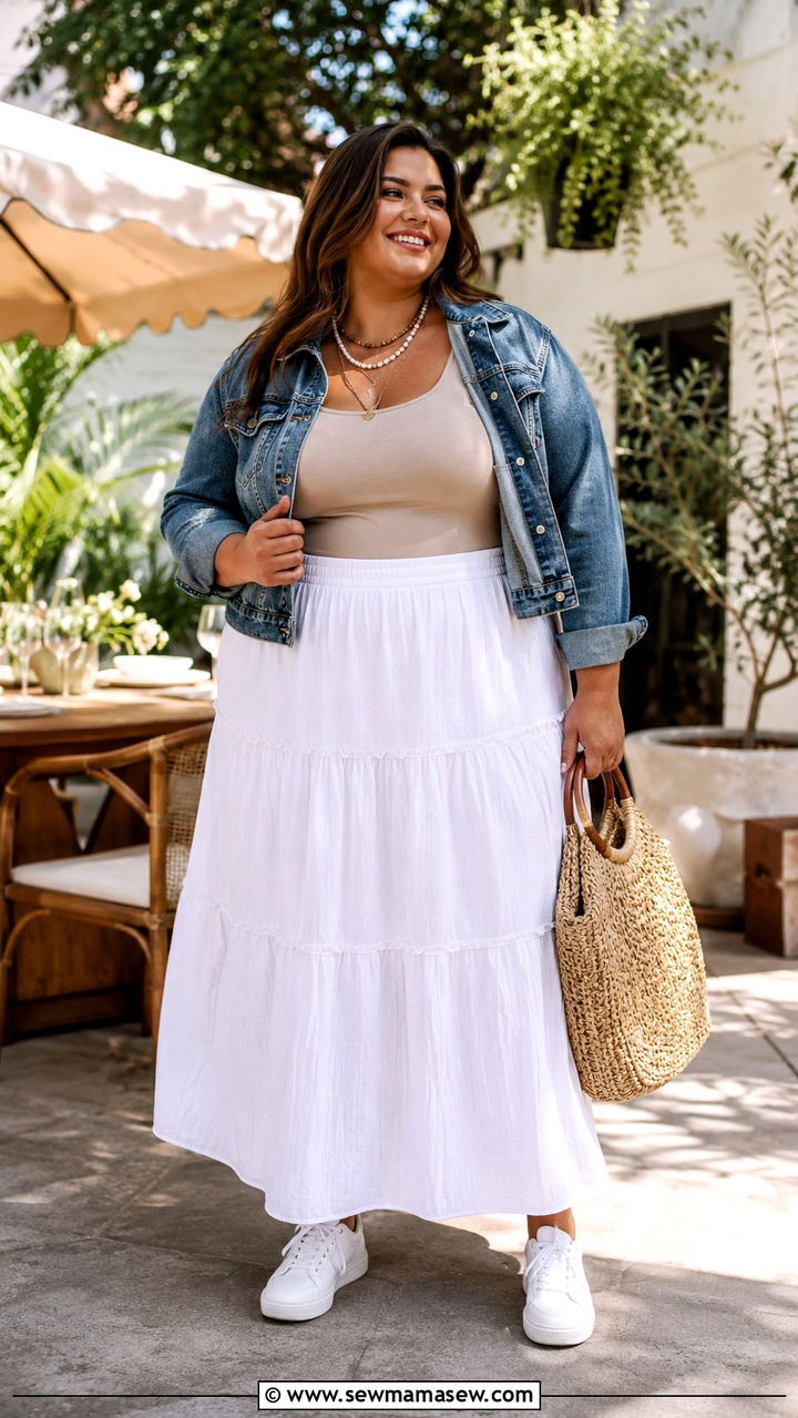 Denim Jacket with Tiered Maxi Skirt - 25 Plus size outfit ideas for 14-16