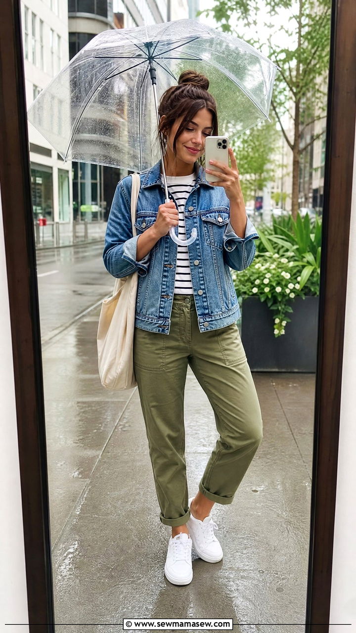 Denim Jacket with Waterproof Sneakers and a Tote - 25 rainy day outfits inspo