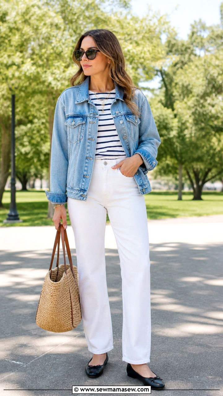 Denim Jacket with White Jeans and Ballet Flats - 40 jeans outfit ideas for women