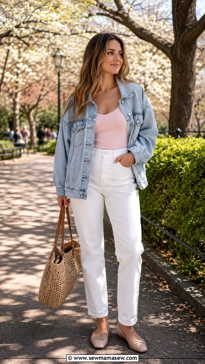 Denim Jacket with White Jeans and Ballet Flats - 30 Spring outfits with jeans