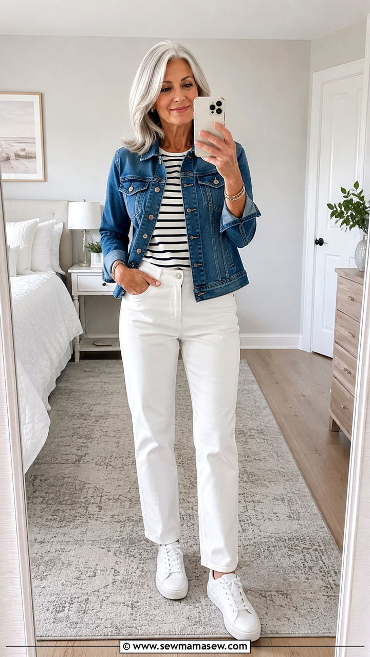 Denim Jacket with White Jeans and Striped Cotton Top - 30 Capsule wardrobe women over 50