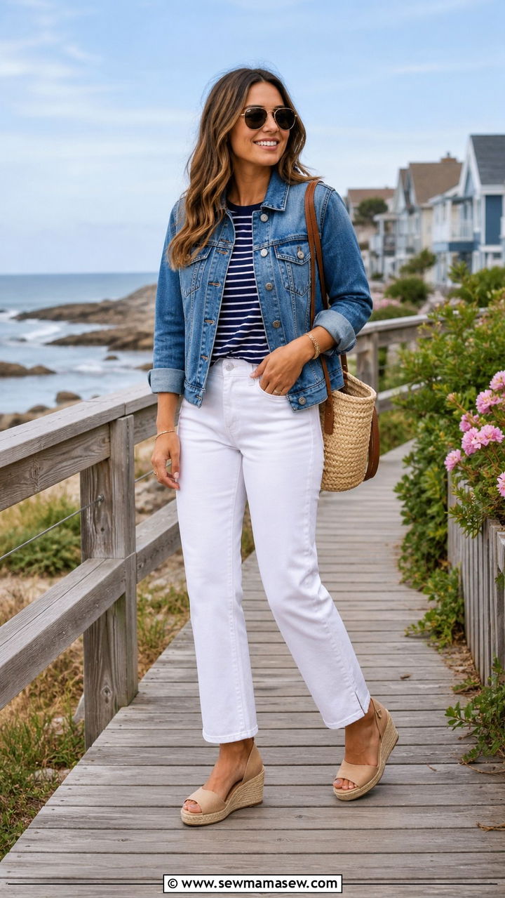 Denim Jacket with White Jeans and Striped Top - 40 jacket outfits for women