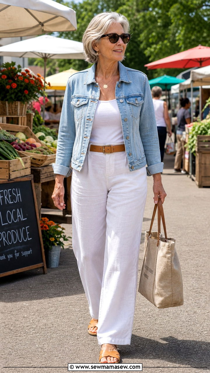 Denim Jacket with White Linen Trousers Summer Outfit - 40 Summer outfit ideas for women over 60 2026