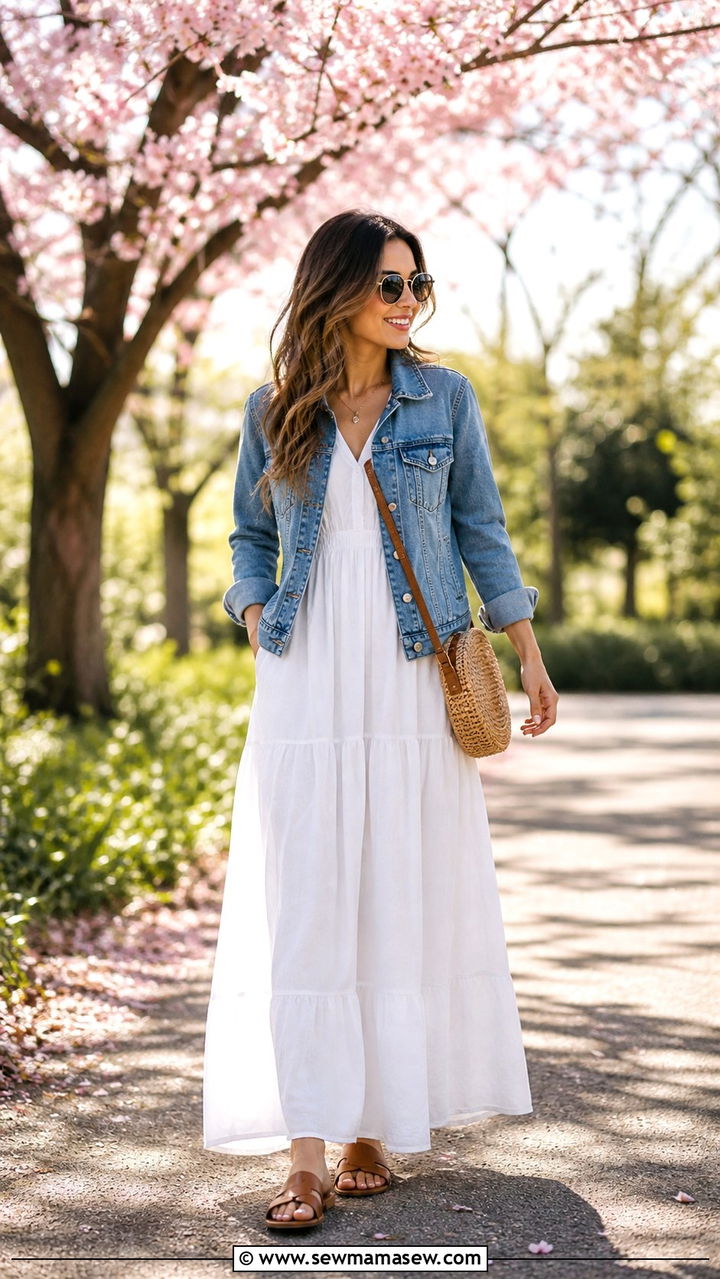 Denim Jacket with White Maxi Dress - 40 First day of spring outfits