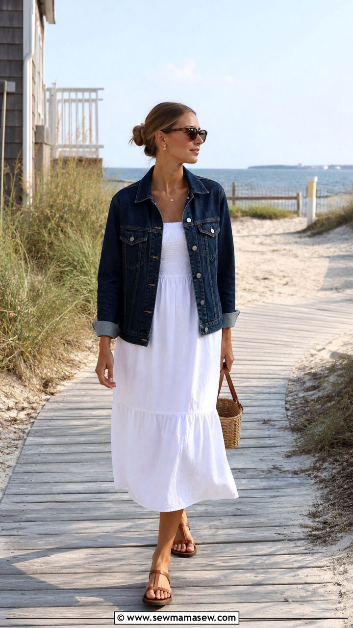 Denim Jacket with White Sundress and Flat Sandals - 40 old money outfits ideas