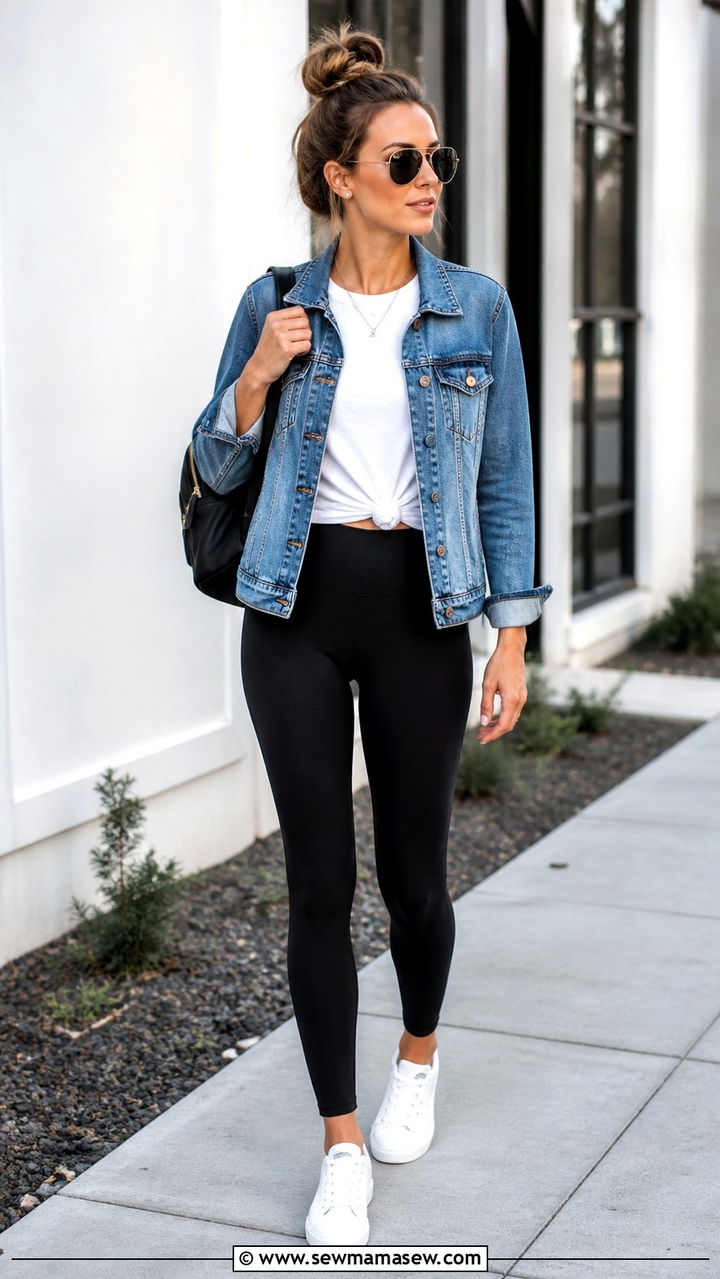 Denim Jacket with White Tee Black Leggings and Clean White Sneakers - 40 Spring weekend outfit ideas