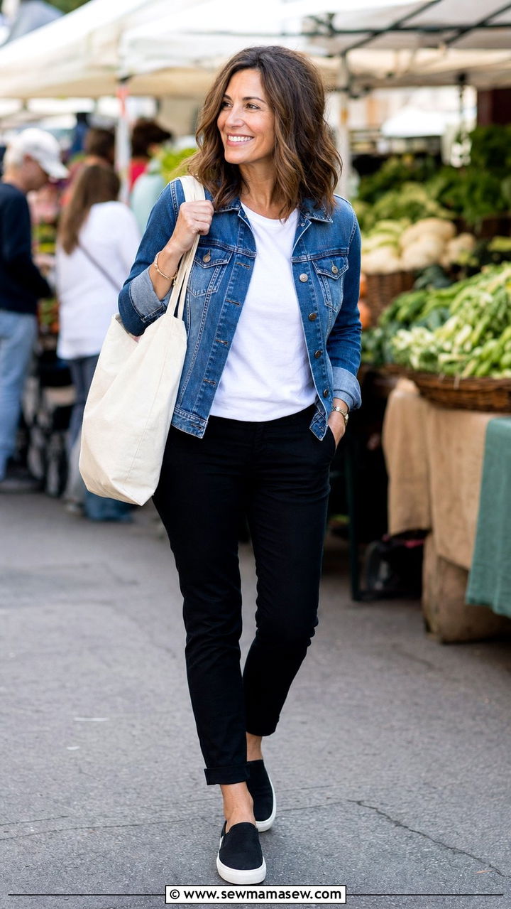 Denim Jacket with White Tee and Black Slim Pants - 35 Brunch outfits for women over 40