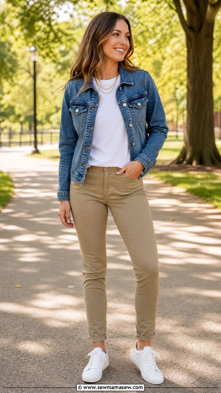 Denim Jacket with White Tee and Khaki Pants - 30 family photo outfits for women