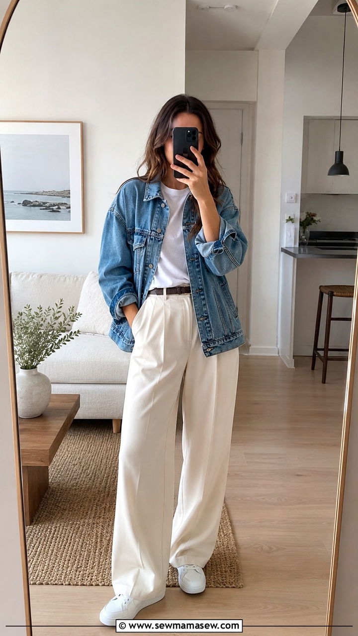 Denim Jacket with White Tee and Wide Leg Trousers - 20 Spring outfits for 45 degree weather