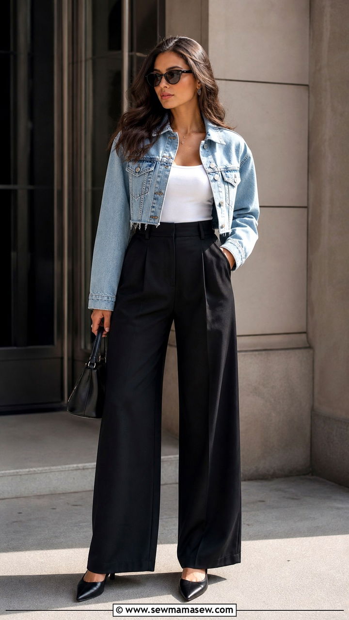 Denim Jacket with Wide Leg Pants - 40 casual denim jacket outfits