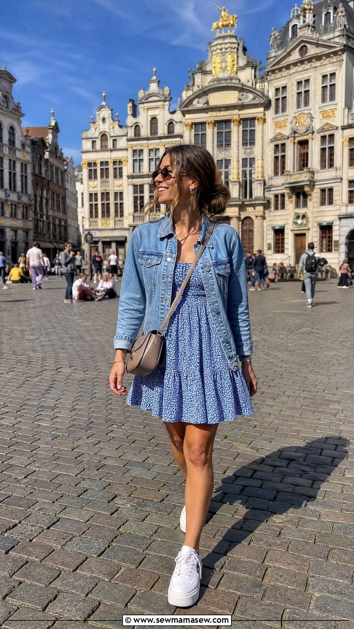 Denim Jacket with a Cotton Sundress and White Platform Sneakers - 25 Brussels outfit ideas