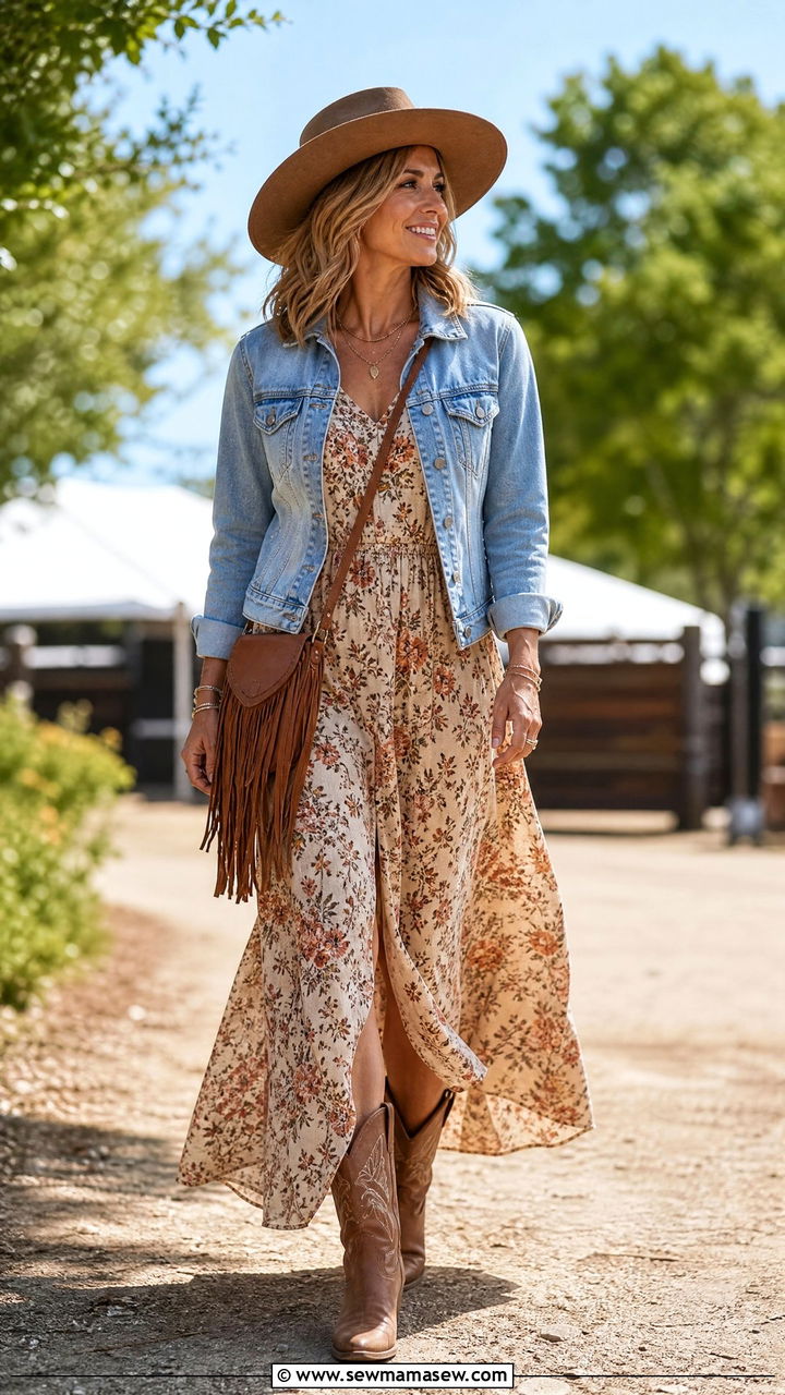 Denim Jacket with a Floral Maxi Dress - 30 Country concert outfit ideas for women over 40
