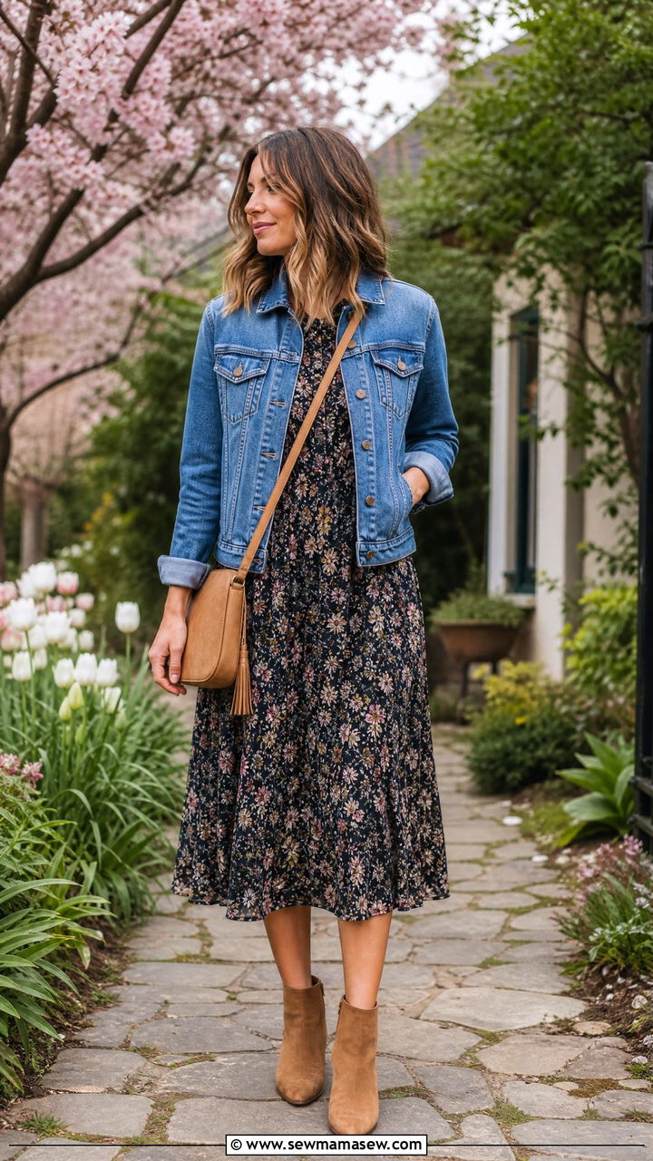 Denim Jacket with a Floral Midi Dress and Ankle Boots - 25 How to dress in your 40s