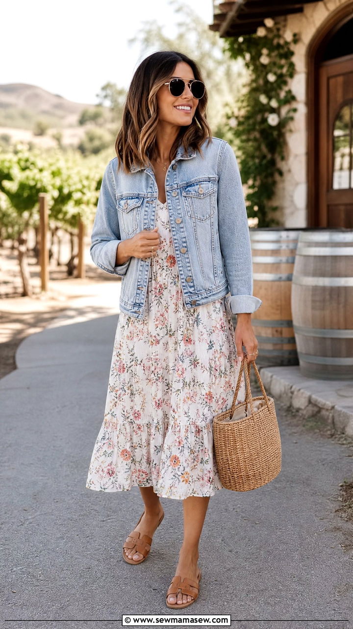 Denim Jacket with a Floral Midi Dress and Tan Sandals - 40 spring vacation outfit ideas