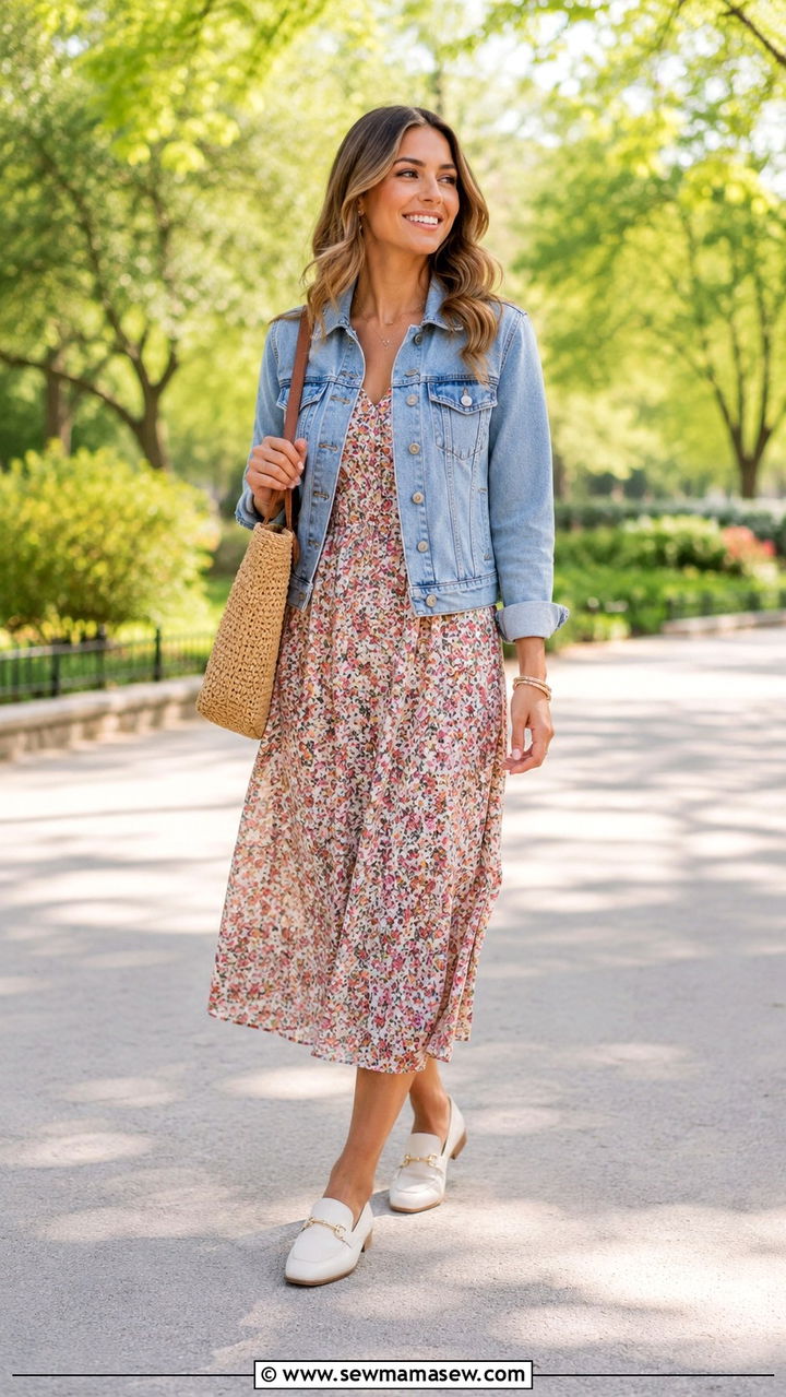Denim Jacket with a Floral Midi Dress and White Loafers - 30 loafers outfit ideas for women