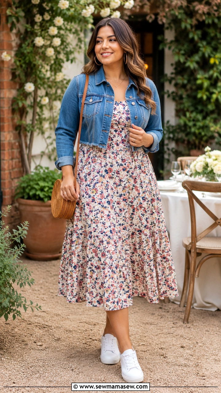 Denim Jacket with a Floral Midi Dress - 30 Outfit ideas for wide hips