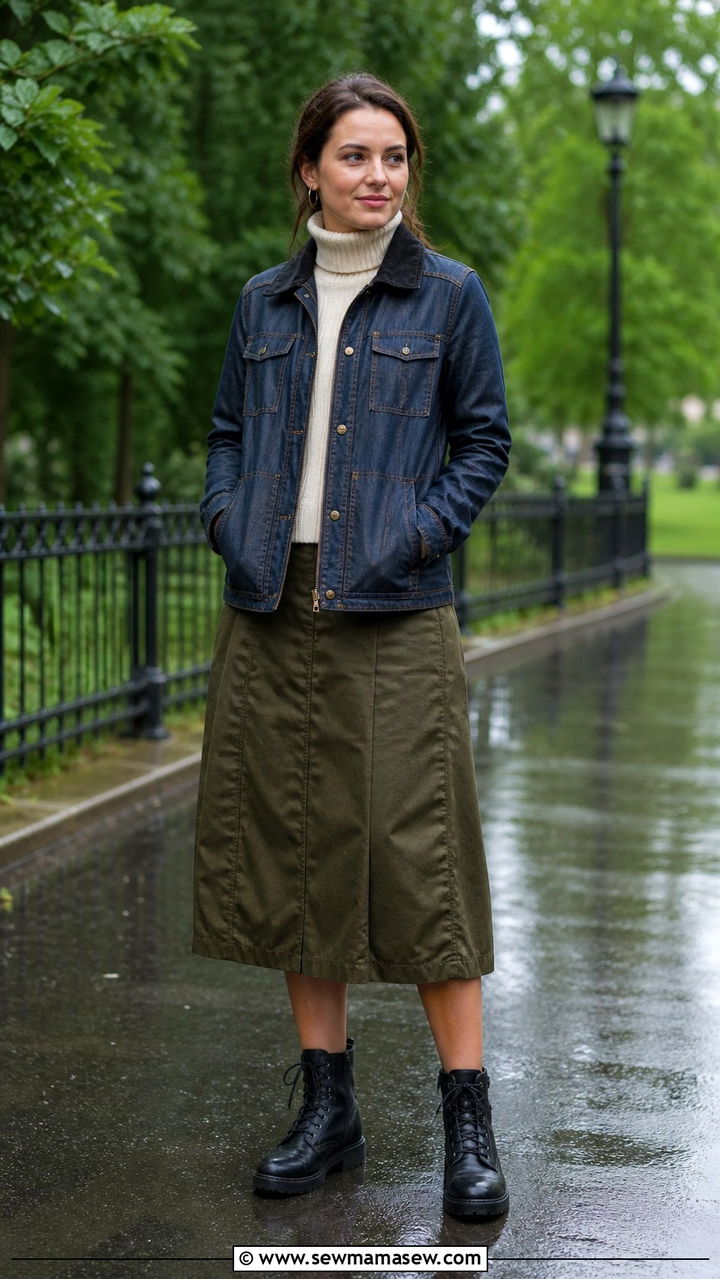 Denim Jacket with a Midi Skirt and Combat Boots - 40 rainy day outfits